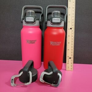 Healthy Human 16 Oz Insulated Water Bottles Set Of 2 With Extra Lids Pink & Red